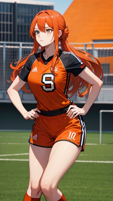 best quality tekuult (flat shading:1.2) <lora:TekuhoUlt_v3:1>  1girl, from side, dutch angle, looking back, looking at viewer, medium breasts, stretching, hand in pockets,  orange hair, green eyes, long hair, ponytail, covered nipples, hairclip, parted lips, wavy hair, smirk, v-shaped eyebrows, ass
black adidas tracksuit, black jacket, black adidas trackpants, open jacket, white sportsbra
football field background, bleachers, field goal,