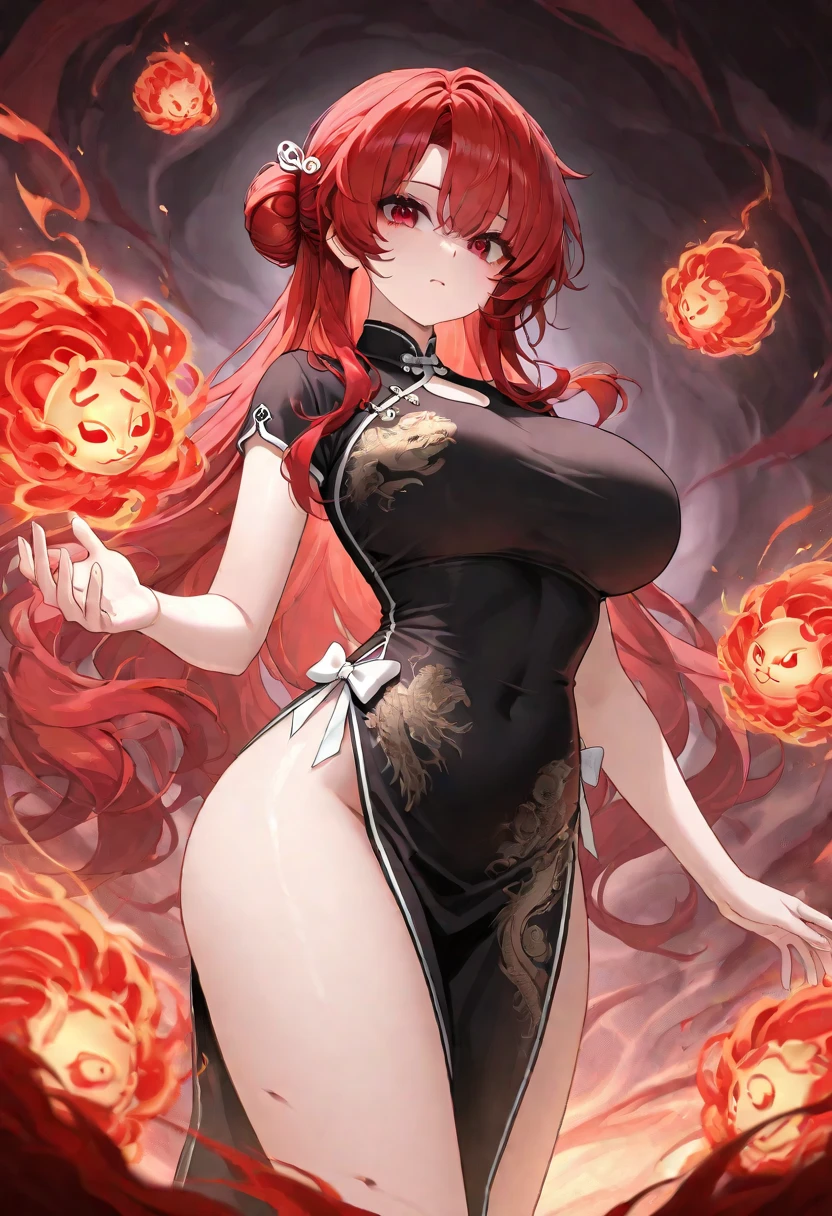 young woman, perfect body, shinny red eyes, perfect boobs, perfect thighs, fire crown, long red curvy hair, transparent long red dress, lingerie, exposed belly, exposed thighs, red and gold mixture cloths, highly detailed enchanted cloths, standing and starring, head to mid thigh:4.5 photo, eye level camera angle, dark lighting, fire radiation, flames background, detailed background, fantasy art, hyper realistic,