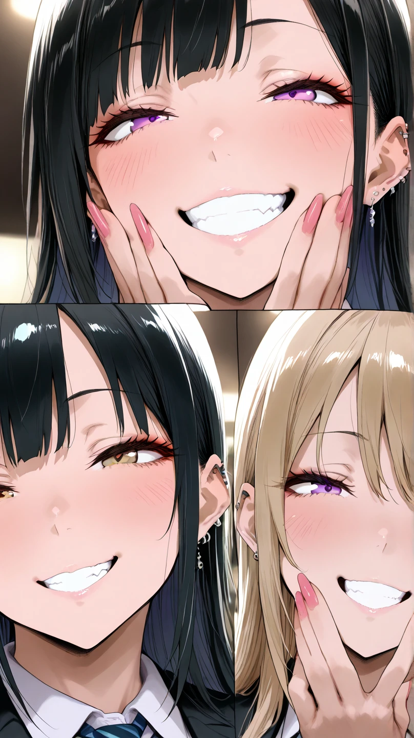 3females,blowjob,black hair,brown hair,short hair,tongue out,sweaty,happy,looking at penis,bukkake on face,brown blouse,conservative fashion,,at nightclub,females licking 1penis,from above,bukkake on face,cum splashing