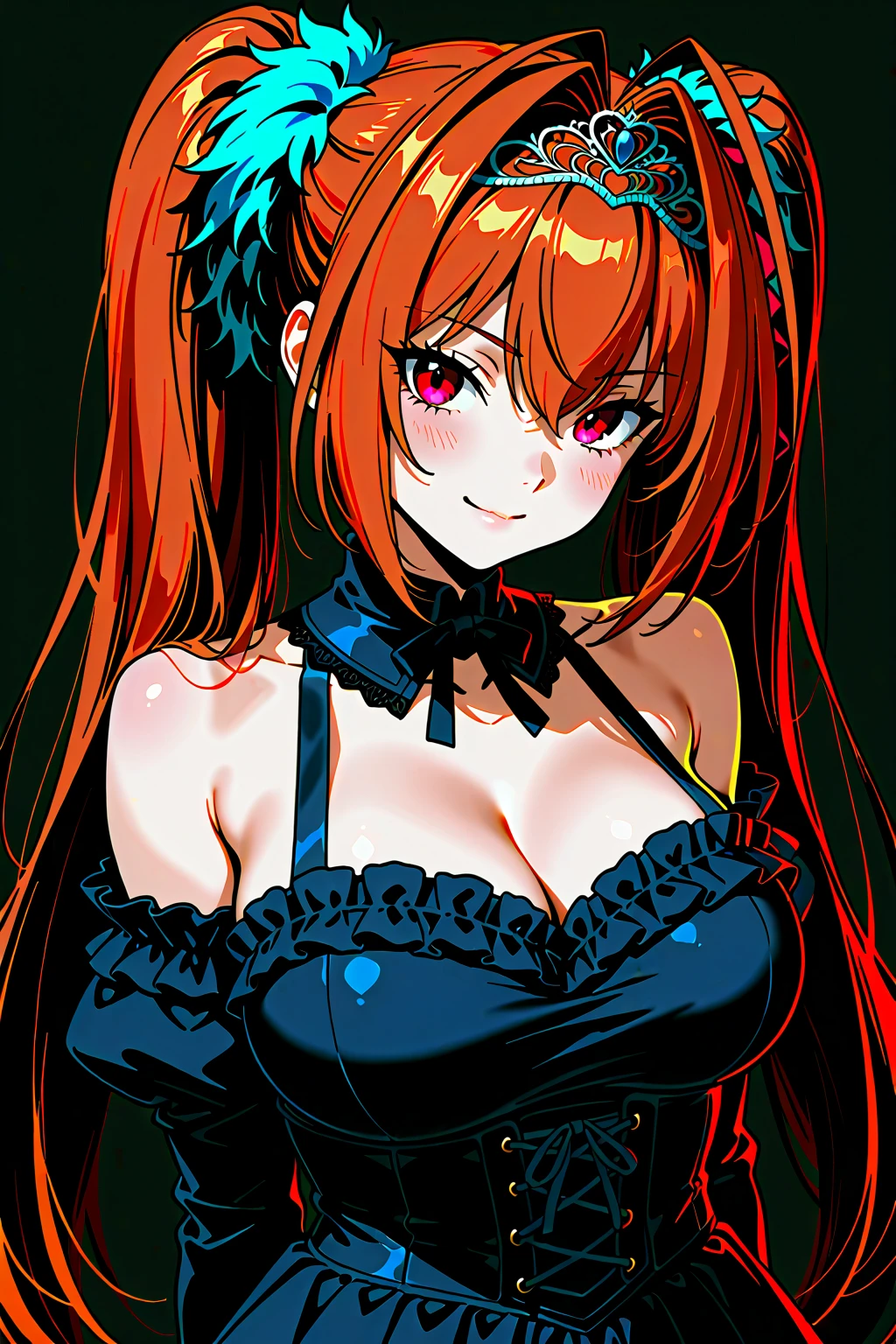,Huge ,Gothic Lolita,Garter Straps,Laughing with your mouth open,teeth,vampire,Halloween,Orange Hair,hair ornaments,Heterochromia iridis,Best image quality,Highest quality