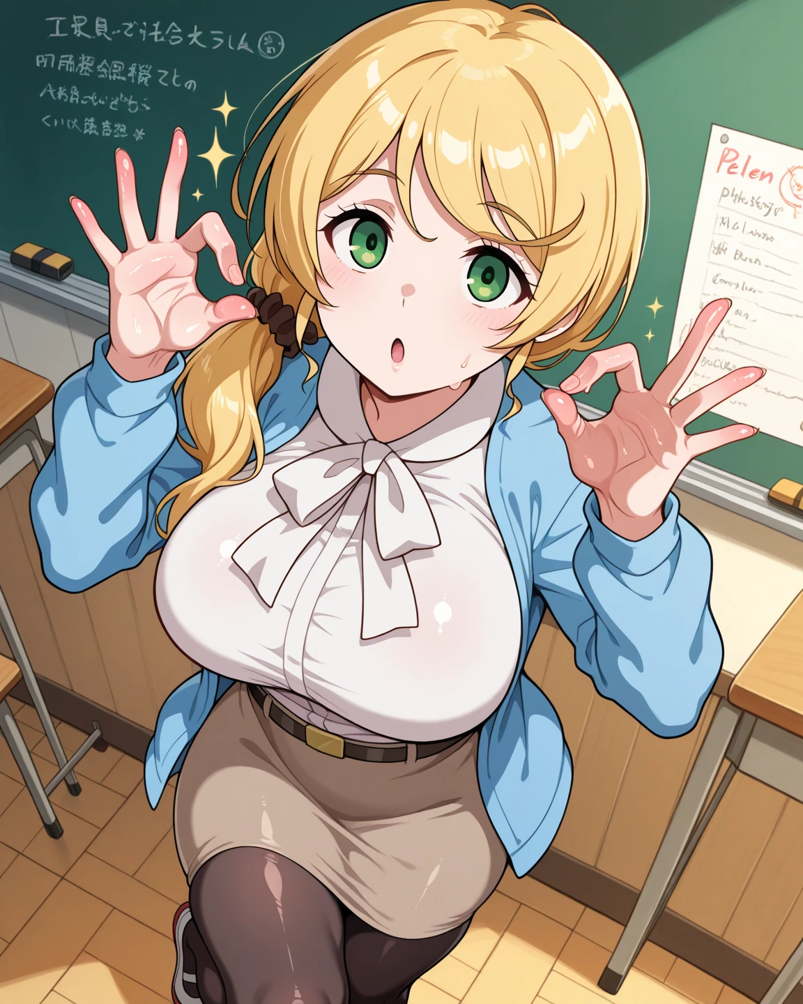 yellow hair, blue eyes, school girl, sexy girl no clothes, big bobs , White background, sexy pantyhose, sweating a lot, topless