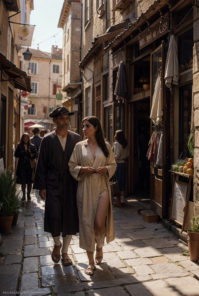 one beautiful naked woman in lacy muslin translucent clothes, Detailed face, carries a jug on his shoulder, walks along a beautiful street in a beautiful ancient city, night, mystical, Surreal
