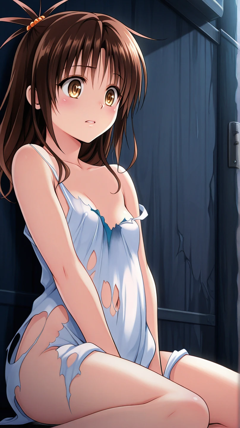 ((masterpiece,Highest quality;1.3,best illustration)),before rape,cowboy shot,1woman、独奏,25 year old beauty,((very small head:1.5)),dark brown hair,long hair,bangs,brown eyes,gorgeous eyes,blush,be scared,small breasts,((very long body:1.3)),((toned body,slender body,skinny)),gleaming skin,shiny skin,oily skin,(wet,Torn clothes、White tight T-shirt、denim micro shorts)、White sneakers、kneeling,Storage shed、at night、nsfw,