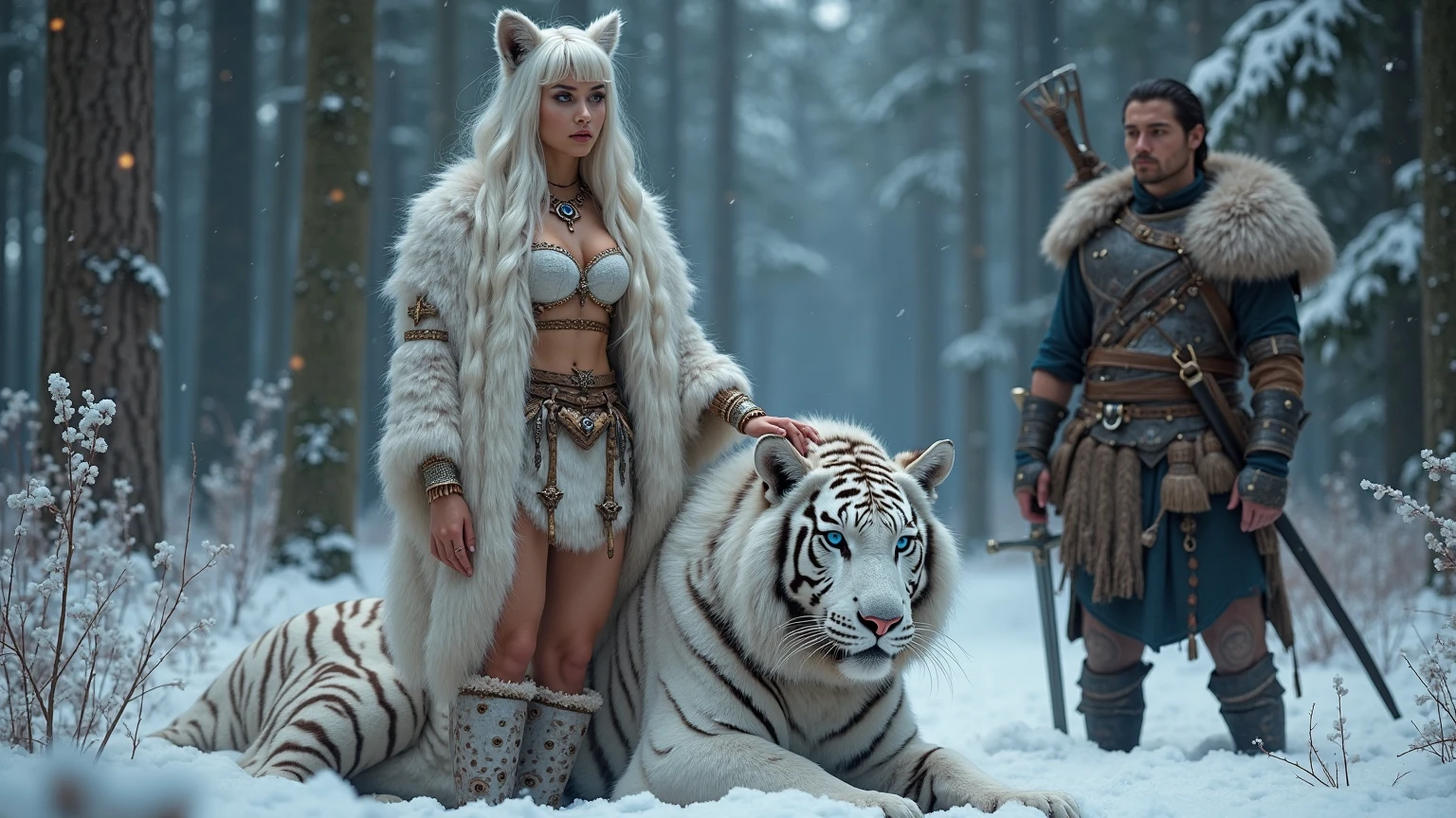 A warrior girl, curly hair, lots of curly hair, long hair, white-red hair, fresh face, ( beautiful face ), warrior vibe, wild makeup, red lips, beautiful eyes, round eyes, brown eyes, live high nose, full body, slim figure, beautiful smooth skin, white skin, big breasts, white breasts, big butt, (sexy warrior outfit), pure white outfit, (sexy style), ( one piece style ), White tiger in the background { giant tiger, lots of black and white fur, growling tiger, head with white metal horns, ferocious expression, red eyes, metal fangs }, protective tiger, background { white, white snow, icy, icy lake, snowfall }, ( Low key, harsh key ), (photorealistic:1.7), ( god rays:1.4 ), cinematic lighting, film grain, ( best quality, super detail, textured skin, highres )