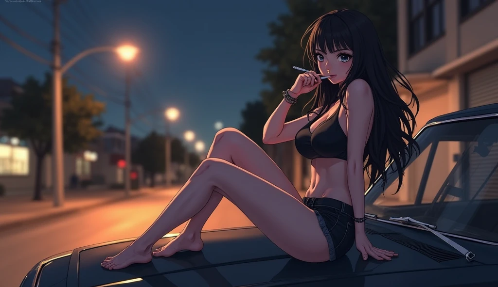 a girl smoking a cigarette, smoking, smoker, long brown hair, she's in extase, she's enjoying it, alone, (((masterpiece))), highly detailled face, short jeans, black sportbra, closed eyes, doing push-ups, sweating, she's doing sports, gymnatic, city background