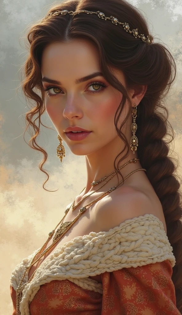 1girl, female, woman,full body, Mythic Fantasy , Seated Pose, La Paz Siesta color, Honey Brown Half-Up Braided Crown with amber highlights, Soft Light, ultra high detail, ultra HD, true 4K