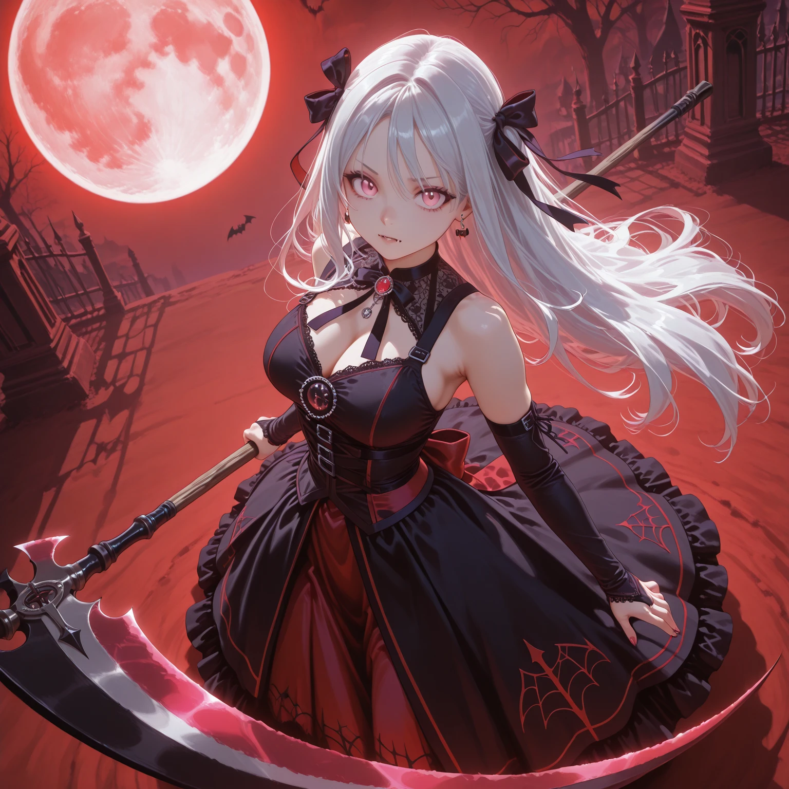((Fantasy Witch Costume)), ((Flowing white hair)), ,(Blood splatter:1.6),Female curves, Large Breasts, Thick thighs, Sexy flat stomach, Perfect hands, Perfect anime face, ((dark lolita dress)), Are standing, ((Wicked Smile)), ,(Blood splatter:1.6),Victorian cities, gaslight, Steam circulates, Moonlight Illumination, night lighting, A sky filled with stars and galaxies,disaster々new devil horns,,(Blood splatter:1.6),anime zombie witch design, Twisted smile、Bloody、bleeding from the head,,、Blood splatter、,(Blood splatter:1.6),Crossbones, skull,
