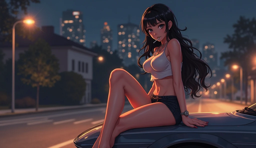 masterpiece, best quality, looking at viewer, mature female, large breasts, low ponytail, underwear, breasts, bra, panties, thighhighs, navel, brown_eyes, brown_hair, lamppost, black_bra, black_panties, large_breasts, skindentation, outdoors, looking_at_viewer, cleavage, lace-trimmed_bra, night, rain, long_hair, solo_focus, lace_trim, blush, parted_lips, stomach, underwear_only, thighs, bangs, garter_straps, lingerie, 1girl, collarbone, street, car, bare_shoulders, hand_up, lace-trimmed_panties, mole, umbrella, cowboy_shot, wet, string_panties, bare_arms, lace-trimmed_legwear, road, standing, building, mole_on_breast, black_thighhighs