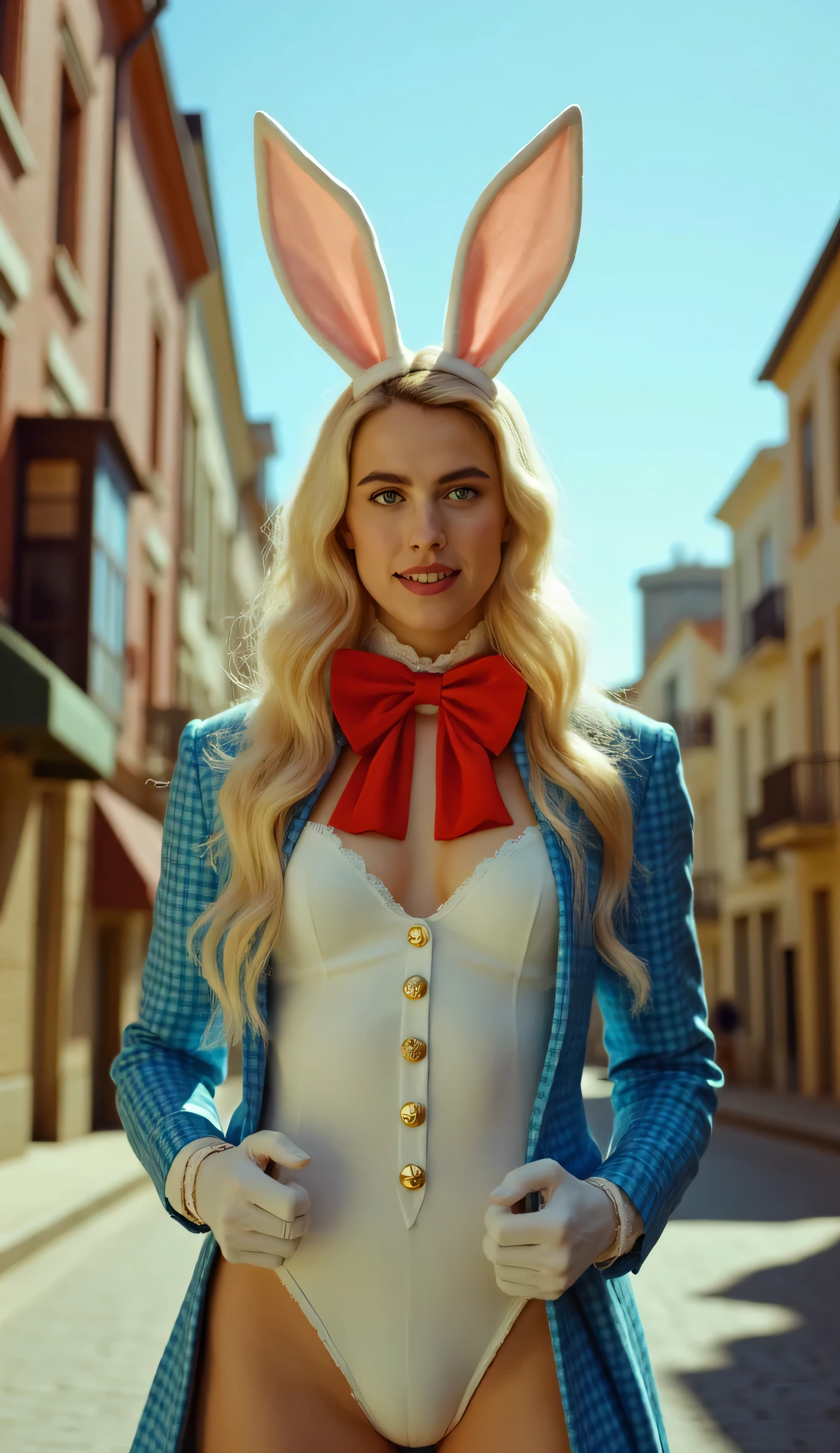 Margaret Qualley as White Rabbit, confident and stylish, playful yet elegant magician's bunny costume, standing, in a sunlit urban street, long blonde hair, soft makeup, charismatic smile, white leotard with gold buttons in the centre, red bow tie, cleavage, white gloves, blue checkered tailcoat, large white bunny ears stick out from head, warm-toned buildings, clear blue sky, semi-realistic, hint of comic book flair, vibrant lighting, dynamic composition