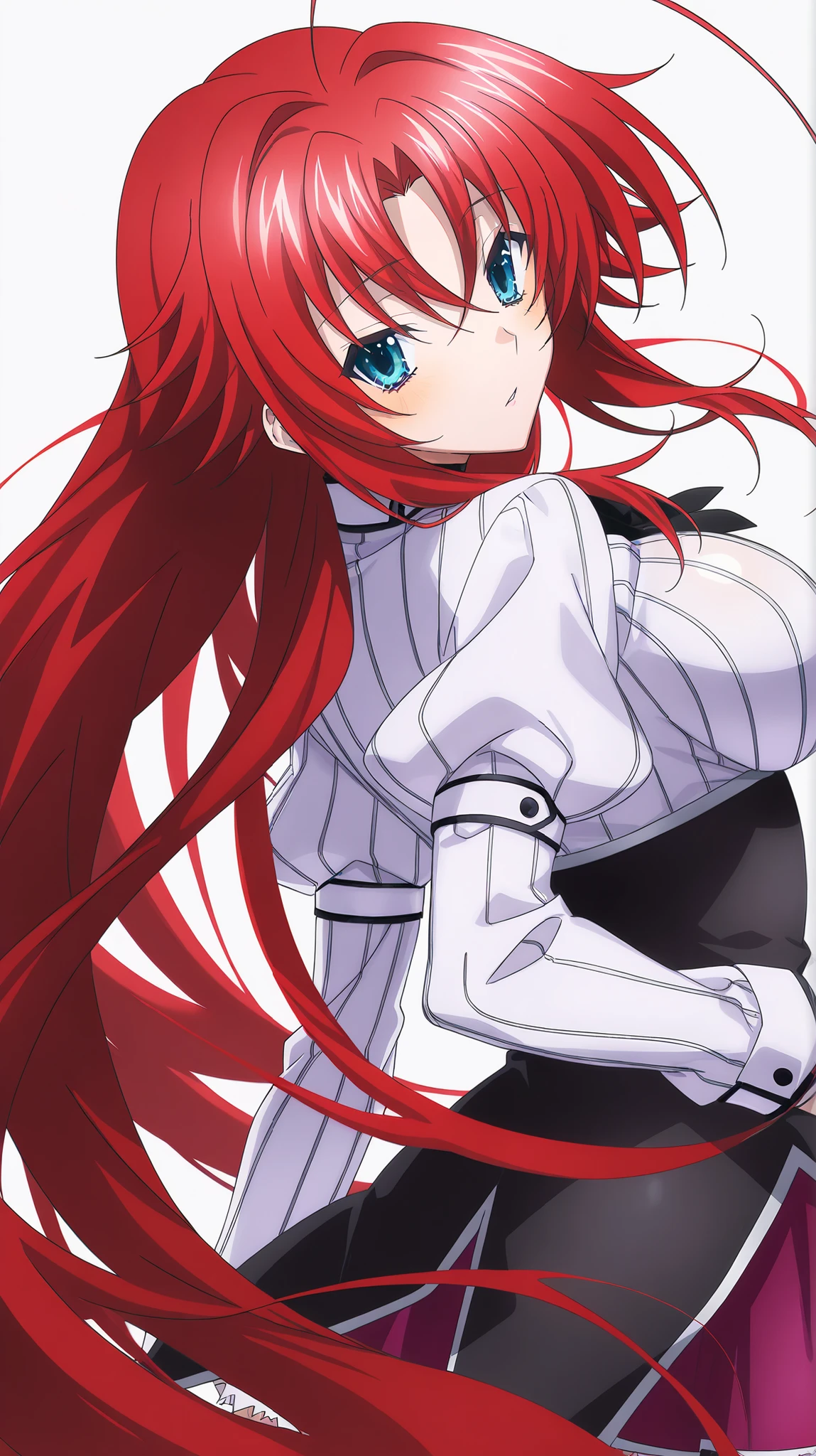 score_9, score_8_up, score_7_up, Anime Source , perfect lighting, very aesthetic, REST, anime screencap, Anime Coloreado, ri4as-dxd , an elegant, red hair, Huge Ahoge ,very long hair, blue eyes,deep ocean blue eyes, cross bangs,large voluptuous breasts, shirt, skirt, negro, medias blancas altas, forbidden zone , puffed sleeves, dxd-uniform, looking at viewer, is, looking back, Looking to the side, cowboy shot, white background, front view, standing
