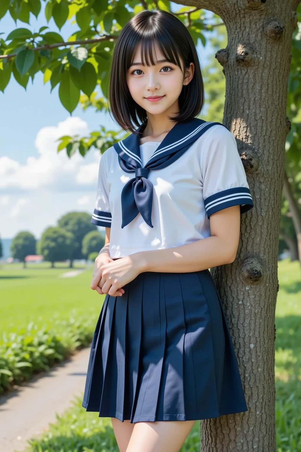 (masterpiece、high-level image quality、hightquality),1 girl in,A Japanese Lady、17 age、 A dark-haired、bangss,Clear black eyes ,Beautiful skin , Japan Girls' High School Short Sleeve Sailor School Uniform,Red ribbons、 Blue_Skirt, Soto, bobhair, 鎖骨, skyporn, florals, jewely,, up looking_viewer, outside of house, a plant, pleats_Skirt, potted plant_plant,School route,morning, School_uniform, serafuku, The shirt, Gravure photography, Short_sleeves, sitted, skirt by the, A smile, Solo, stairway,White world、