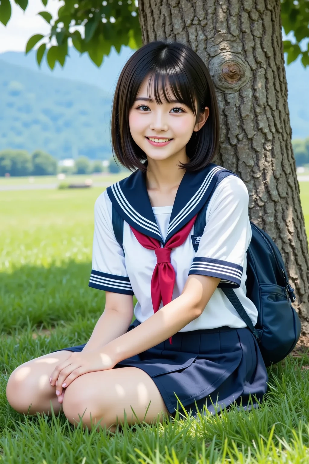 (realistic, photo realistic:1.2), ((highest quality)), move the center of gravity backwards, pretty embarrassing, white panties, (show panties:1.4),Tight Skirt, (Panty shot:1.3), (pull up the skirt:1.3), (squat:1.4), put the heel on the ground, spread your legs a little, squat with your knees up, Attach your ass to the ground, black penny loafers, beautiful face details, real human skin, gentle expression, Front view, angle from below, realistic, photorealistic, cute, short skirt, squat deep on school grounds, cute school girl, Japanese high school girl uniform, sailor suit, whole body,Smile, natural smile, charming smile, enchanting smile, (looking at the viewer:1.2), From before, from below,