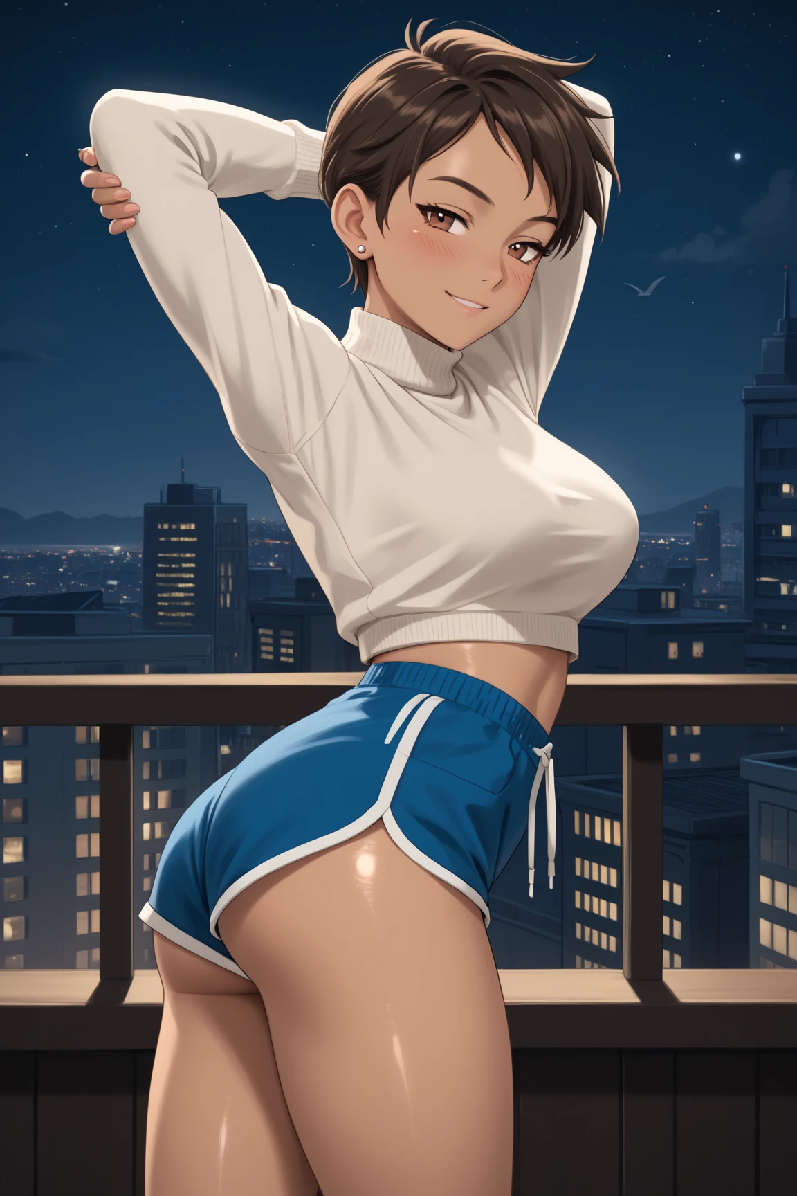 Aoi Asahina, white tanktop, dark brown hair, mid long hair, blue eyes, young adult, 30 years old, beautiful face, light smile, city backround, put your hands behind your head, armpits, armpits visible, sweaty armpits, asahina aoi, very large breasts, dark brown hair, blue eyes , wearing white tanktop,