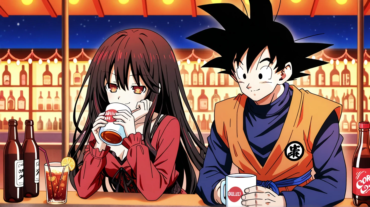 1 boy, Goku (Dragon Ball) wearing his classic orange gi, and 1 girl, Kurumi Tokisaki (Date A Live), celebrating together in a lively but cozy setting, like a Japanese-style izakaya or modern rooftop bar at night. Goku is smiling brightly, holding a large mug of soda or juice, while Kurumi, in a stylish black and red outfit, holds a fancy tail with a playful smirk. She leans slightly toward Goku, enjoying the moment. The atmosphere is festive with warm lighting, bottles and decorations in the background, and a joyful vibe. Anime style, highly detailed, warm and cheerful scene.