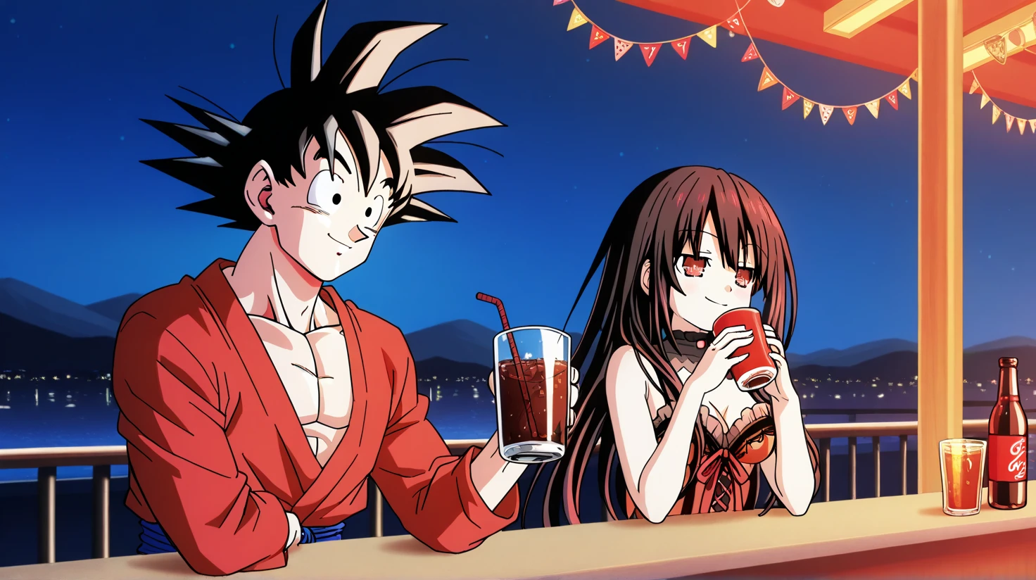 1 boy, Goku (Dragon Ball) wearing his classic orange gi, and 1 girl, Kurumi Tokisaki (Date A Live), celebrating together in a lively but cozy setting, like a Japanese-style izakaya or modern rooftop bar at night. Goku is smiling brightly, holding a large mug of soda or juice, while Kurumi, in a stylish black and red outfit, holds a fancy cocktail with a playful smirk. She leans slightly toward Goku, enjoying the moment. The atmosphere is festive with warm lighting, bottles and decorations in the background, and a joyful vibe. Anime style, highly detailed, warm and cheerful scene.