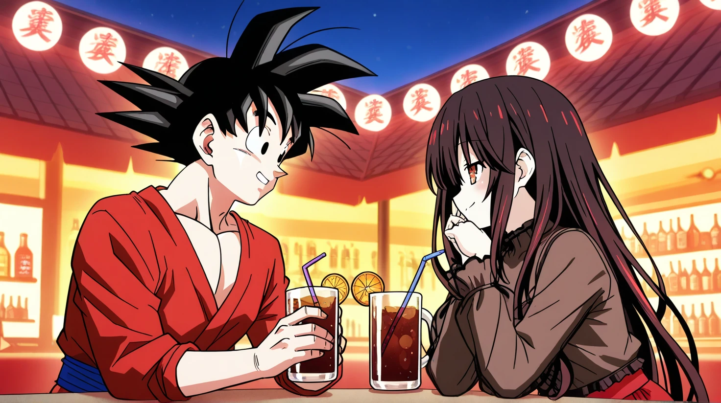 1 boy, Goku (Dragon Ball) wearing his classic orange gi, and 1 girl, Kurumi Tokisaki (Date A Live), celebrating together in a lively but cozy setting, like a Japanese-style izakaya or modern rooftop bar at night. Goku is smiling brightly, holding a large mug of soda or juice, while Kurumi, in a stylish black and red outfit, holds a fancy cocktail with a playful smirk. She leans slightly toward Goku, enjoying the moment. The atmosphere is festive with warm lighting, bottles and decorations in the background, and a joyful vibe. Anime style, highly detailed, warm and cheerful scene.