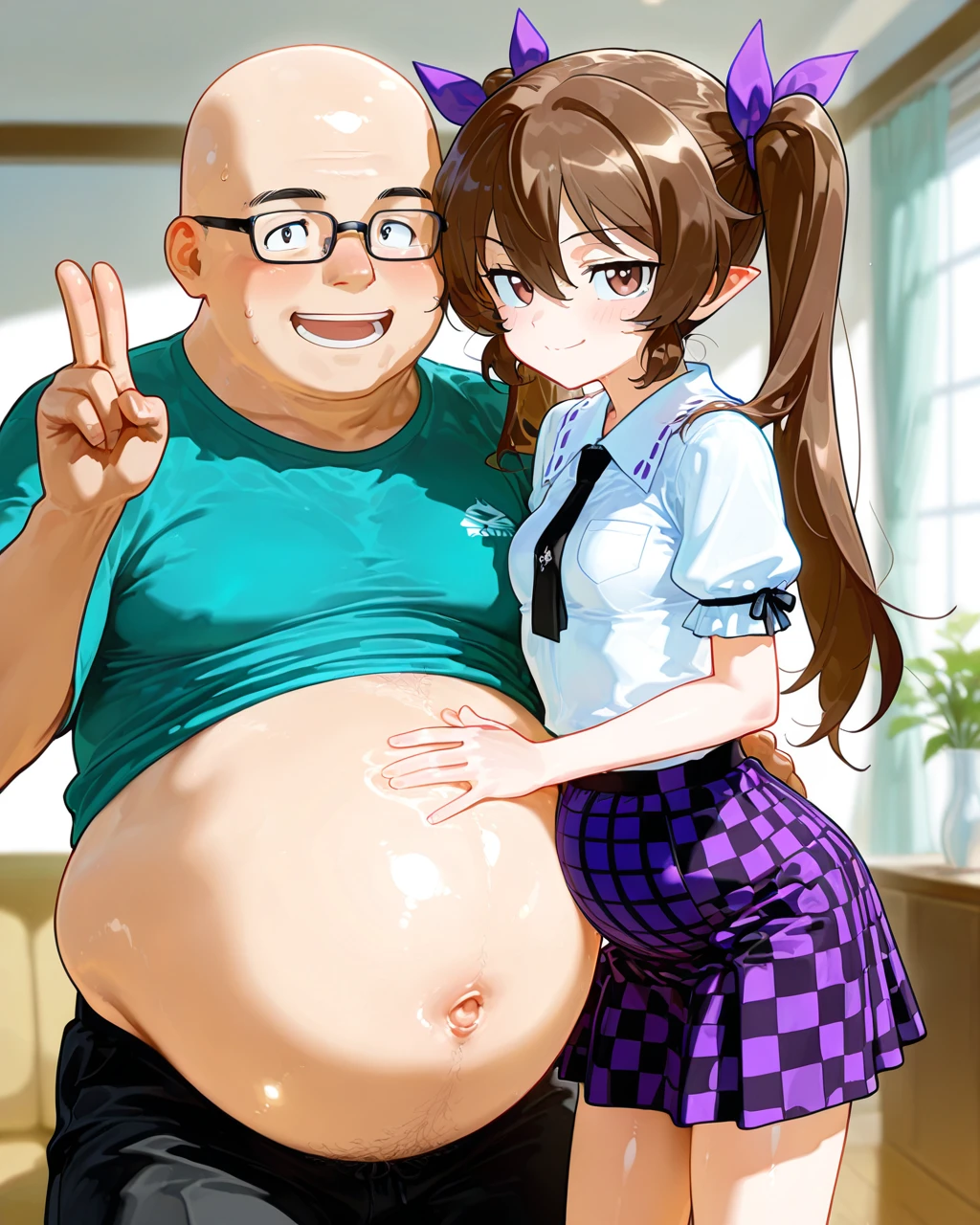 Make a milf anime character giving a blowjob to a fat old man she is kneeling in front of the fat old man is sucking the fat old man&#39;s crotch 