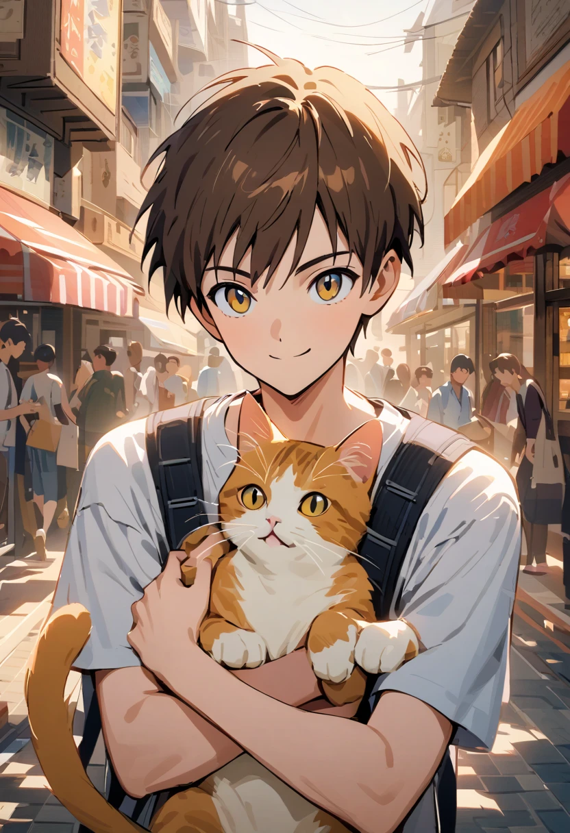 In the center of the picture is a handsome 18-year-old Japanese boy with short dark brown hair, holding a small tabby cat in his arms. He has light brown eyes and a friendly expression. He is wearing a white T-shirt and carrying a backpack. The boy is smiling and facing the viewer. He is holding a light orange and cream tabby cat in his arms. The cat is also looking directly at the viewer. The boy strikes a casual, almost portrait pose, with his arms gently holding the cat. Fine details. 8k. The composition is centered, with the boy and cat occupying the foreground. The scene seems to be located in a busy shopping street. There are many shops in the background. The background is out of focus, highlighting the boy and cat. The light is bright and sunny. The overall style is anime/manga style, with detailed character features and bright colors. The perspective is slightly above eye level, creating a sense of closeness to the characters, and the overall atmosphere is friendly and pleasant.