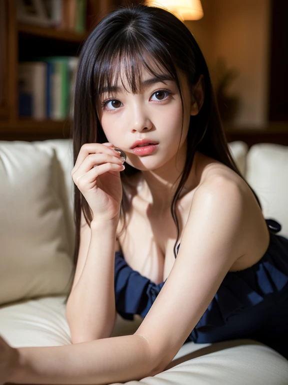 Best-quality, Masterpiece, Ultra-High-Resolution, (Photorealistic:1.4), Raw-Photo, depth of field, professional lighting, perfect ???????, extremely details, 1girl, 15-years-old, the most famous Japanese idol, at living room, sitting on sofa, (((Ingested illegal drugs, intoxicated and overflowed))), ((extremely cute drunk-face, ((extremely cute and extremely big drunk-eyes)), extremely beautiful hair, extremely beautiful drunk-skins)), extremely cute lips, extremely cute long-eyelashes
