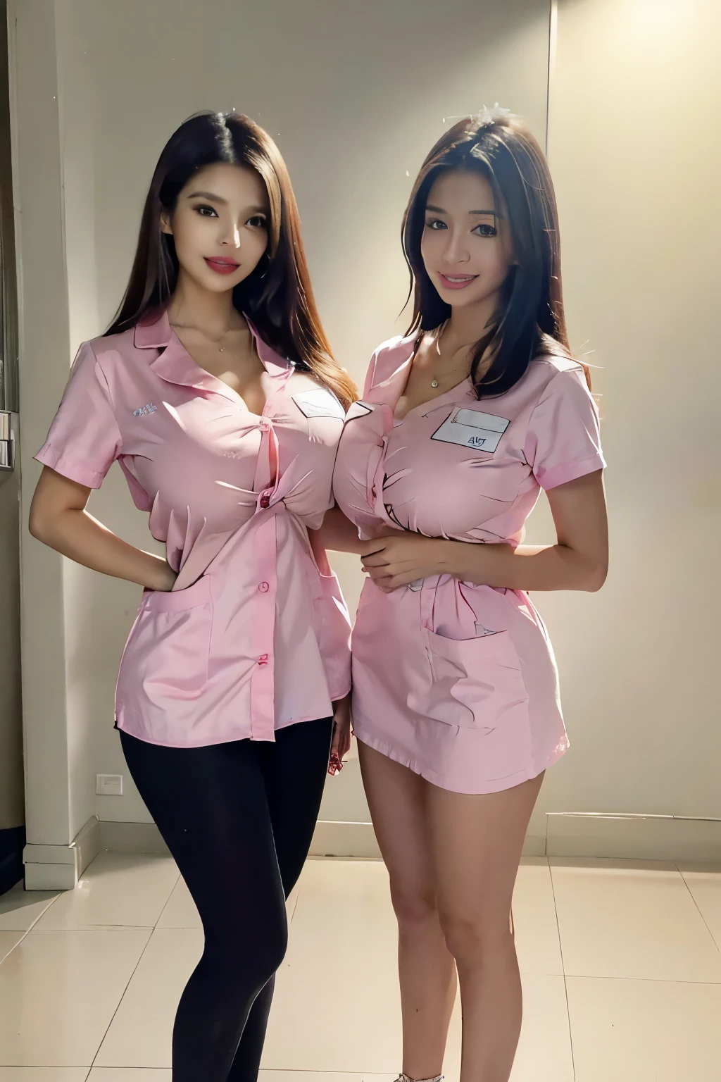 two beautiful slim Japanese sisters in nurse uniforms, one tall and elegant with long straight black hair and striking red eyes, wearing a white nurse outfit with a silver cross necklace, calm and composed expression, the other petite and cheerful with medium-length wavy pink hair and bright eyes, wearing a pink-accented nurse trainee uniform, standing side by side, anime style, soft lighting, hospital background