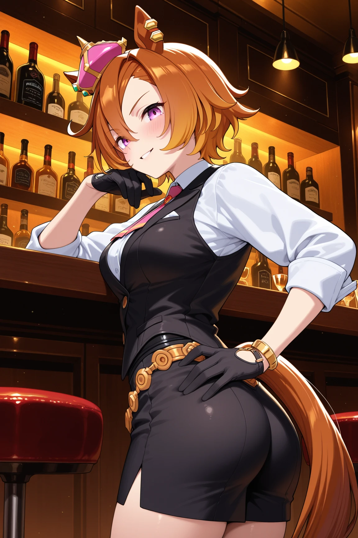 score_9, score_8_up, score_7_up, score_9, BREAK <lora:KugisakinobaraSDXL:1> kugisaki nobaraXL, 1girl, solo, breasts, looking at viewer, blush, smile, short hair, bangs, large breasts, brown hair, long sleeves, animal ears, cleavage, brown eyes, closed mouth, jacket, tail, ass, pantyhose, thighs, cowboy shot, sweat, open clothes, shiny, indoors, sweatdrop, rabbit ears, shiny hair, leotard, open jacket, hand on hip, shiny skin, wrist cuffs, v, strapless, fake animal ears, playboy bunny, trembling, bottle, animal print, blue jacket, rabbit tail, fishnets, anger vein, areola slip, strapless leotard, cropped jacket, fake tail, fishnet pantyhose, leopard print, bar (place), bar stool, kugisaki nobara