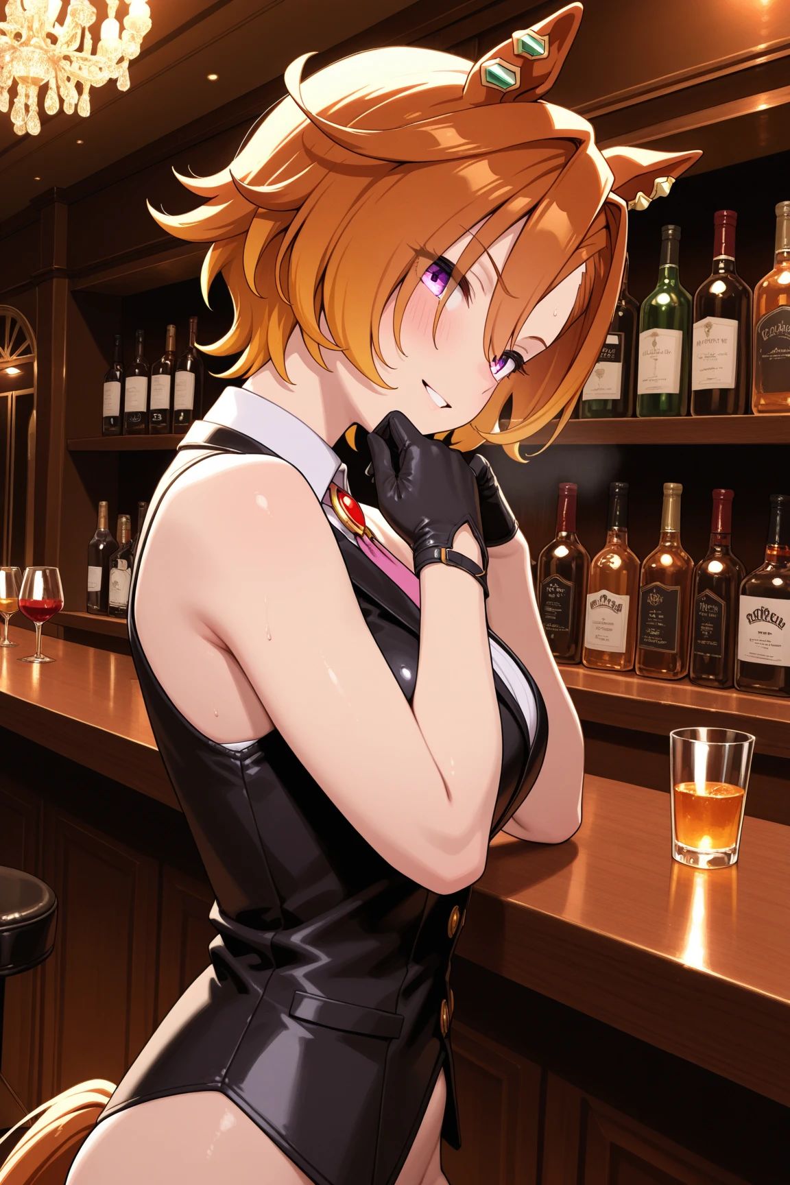 Sharp yellow-green eyes、Redhead、One knot、Loosely tied hair、Casino Costumes、Casino Background、Adult male、Casino Owners、dealer
