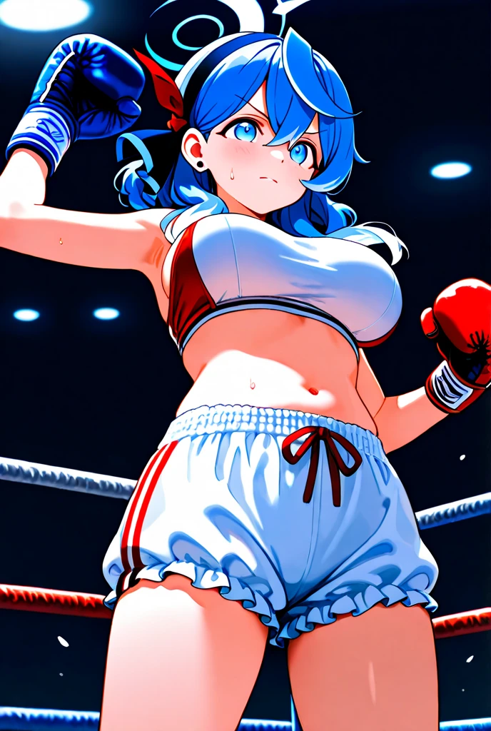 extremely detailed CG unity 8k wallpaper, official art,Alear_F, thick thighs, boxing ring, pony tail, red hair, blue hair, streaked hair, two-tone hair, red eyes, blue eyes, heterochromia, yellow crop top, crop top, crop top overhang, boxing, boxing shoes, perfectly shaded boxing gloves, collarbone, fighting stance, looking at viewer, serious, crowd<lora:Alear_F:1>