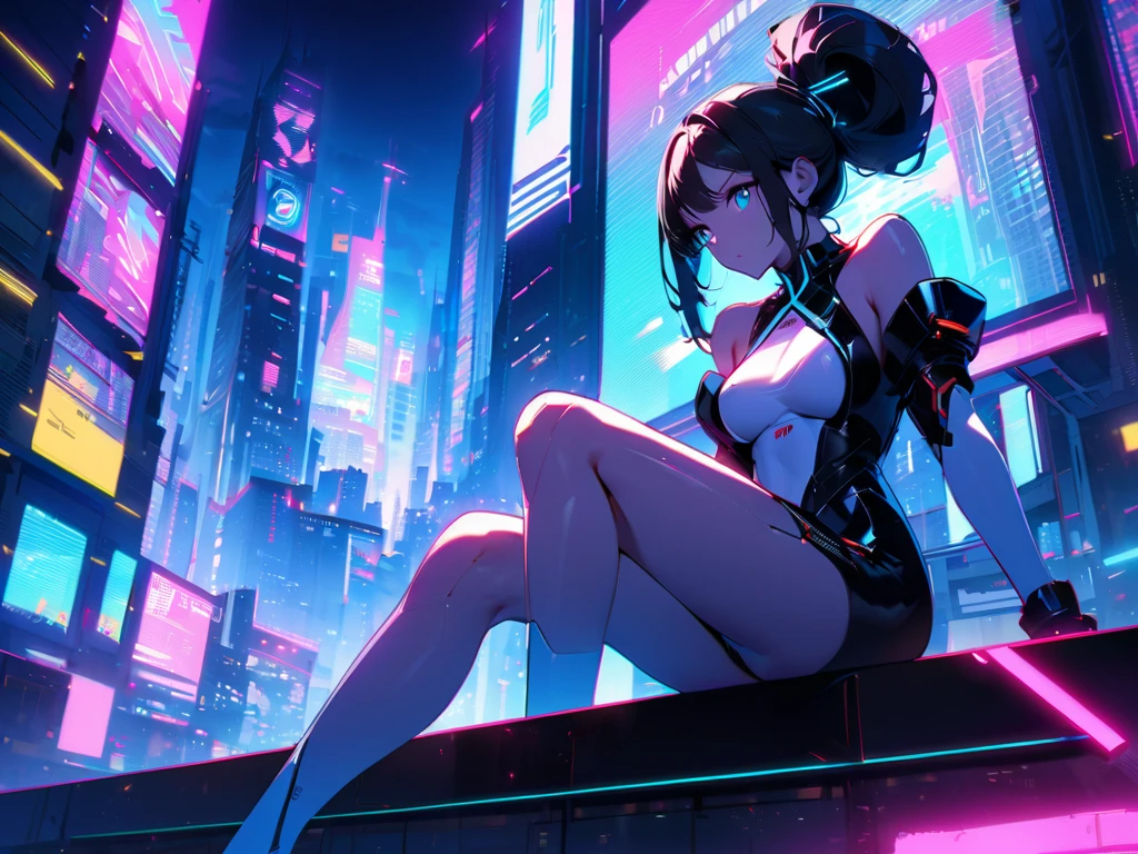A sexy girl is listening to music by the window. Outside the window is a night city.