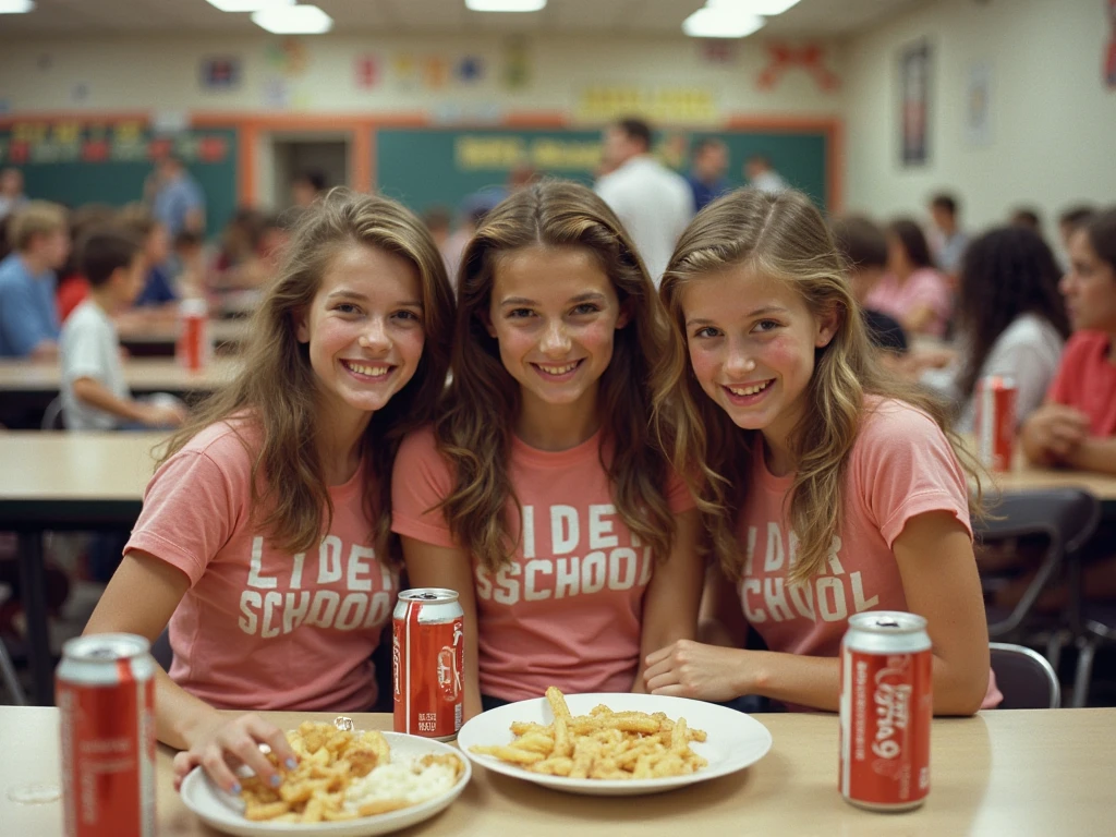 3 girls of 15 years old at home, behind the table, sitting on their chairs. there are plates with hamburgers and sandwiches for the girls. girls looks happy and look to the camera. photo taken by kodak gold 400. 35mm
