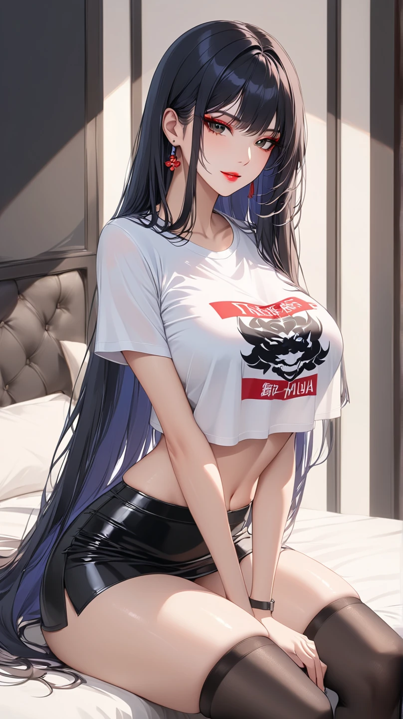 (best quality, masterpiece), 1 girl, centaur, It takes, White skin, Korean woman, black pink,Smiling, exposing the abdomen, belly button t-shirt , 아름다운 소녀 perfect white tiger photo, perfect white tiger photo