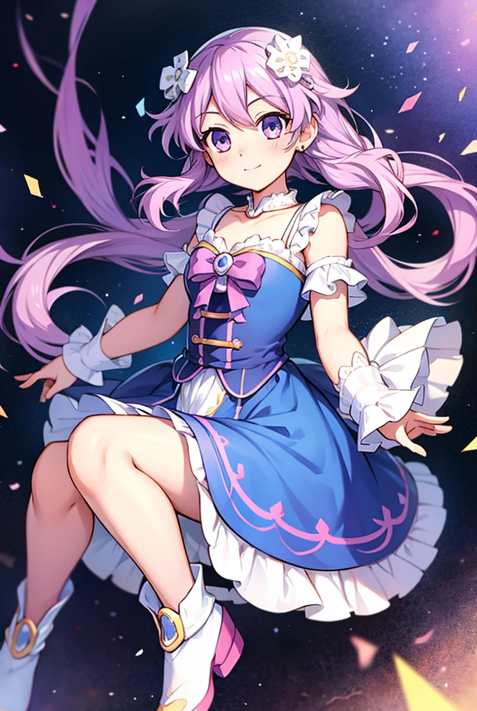 Tress is a fair-skinned girl with purple hair worn in pigtails. She wears a bright blue bow in her hair, a pale pink dress with pink and white accents, and purple shoes. SPARKLE; GLITTER
