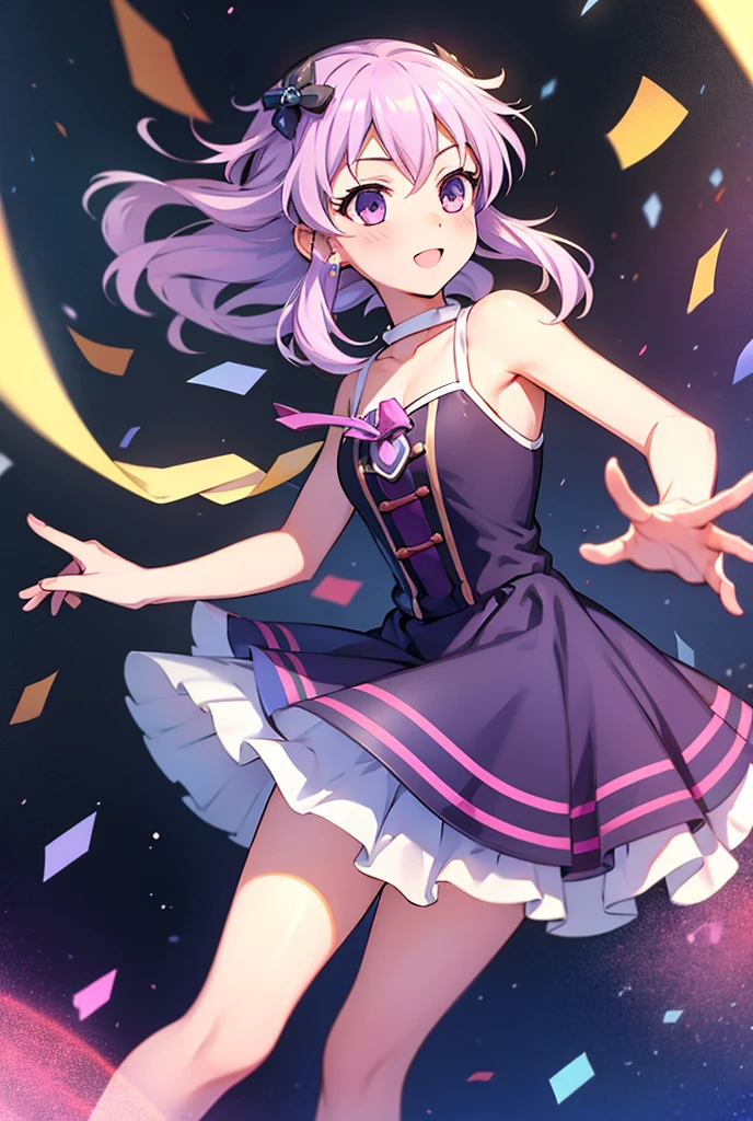(masterpiece、highest quality)、VTUBER idols are singing songs、facing the front、purple hair