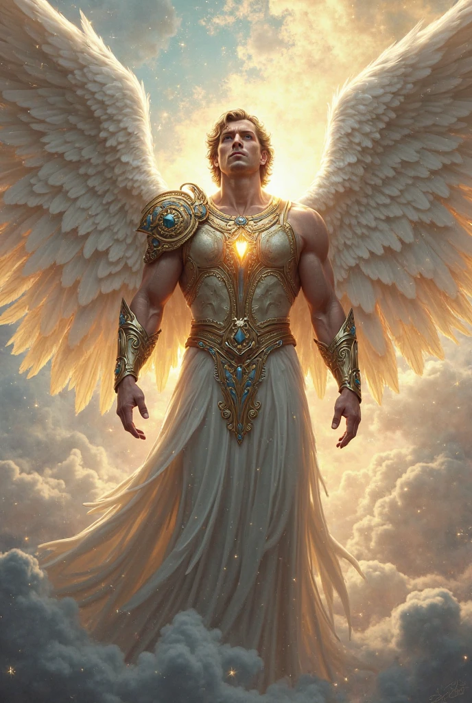 A majestic, muscular, winged archangel with a noble bearing, holding a longsword, wearing ancient robes, with piercing eyes, a sharp nose, and a dignified expression, floating in a starry sky, (best quality,8k,hyperrealistic,masterpiece:1.2),ultra-detailed,(realistic,photorealistic,photo-realistic:1.37),concept art,dramatic lighting,cinematic,chiaroscuro,epic,divine,awe-inspiring,intricate details,dramatic pose,powerful,heroic,celestial,ethereal,mystical,glowing,shimmering,radian