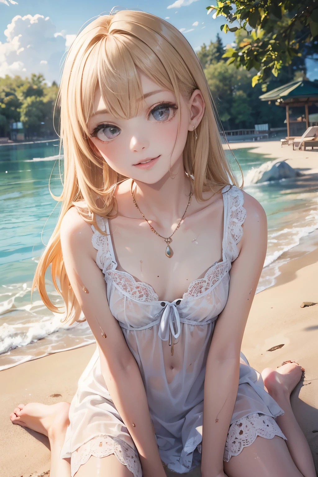 Blonde semi-long, 18 year old woman, pure white mini bikini, small, armpits, best quality, white sticky liquid on face, troubled face, girl room