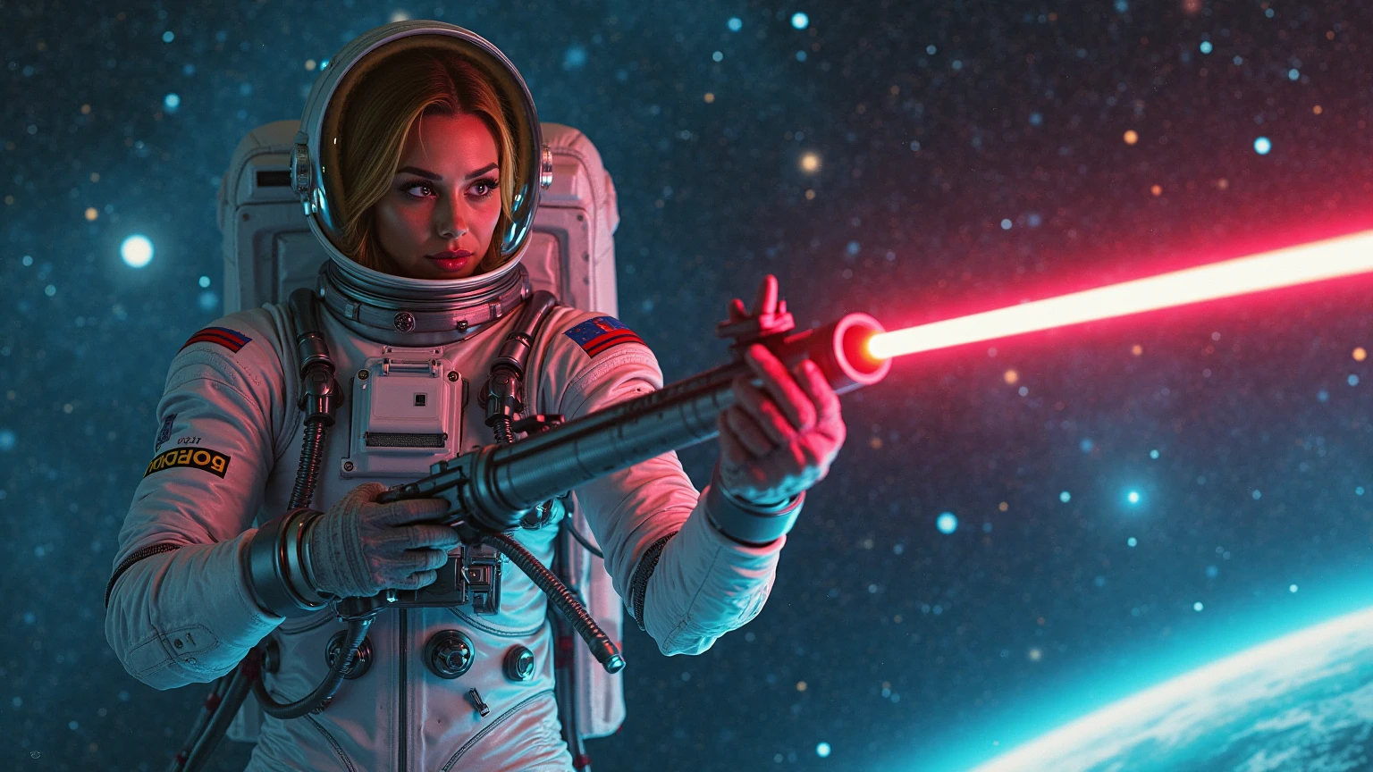 Sci-fi conceptual art, spiral Ying and Yang forces are core balancing factor of the world, wormhole with spacecraft flying through, dark cosmos as background. (1girl, solo), photo realistic, large-breast:1.2 slim:0.8 body, cleavage:1.2, (matrix style black sunglasses), ((holding a mini:1.1 pistol)), half-body thigh level medium shot, cinematic lighting, ray tracing.