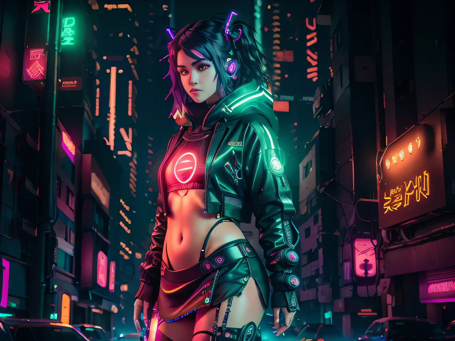 there is a woman standing with a rainbow light, 3 d neon art of a womans body, neon-noir background, cyberpunk femme fatale, seductive cyberpunk dark fantasy, cyberpunk strip clubs, cyberpunk 20 y. o model girl, oppai cyberpunk, banner, high definition cgsociety, cgsociety masterpiece, trending on cgstation, kda