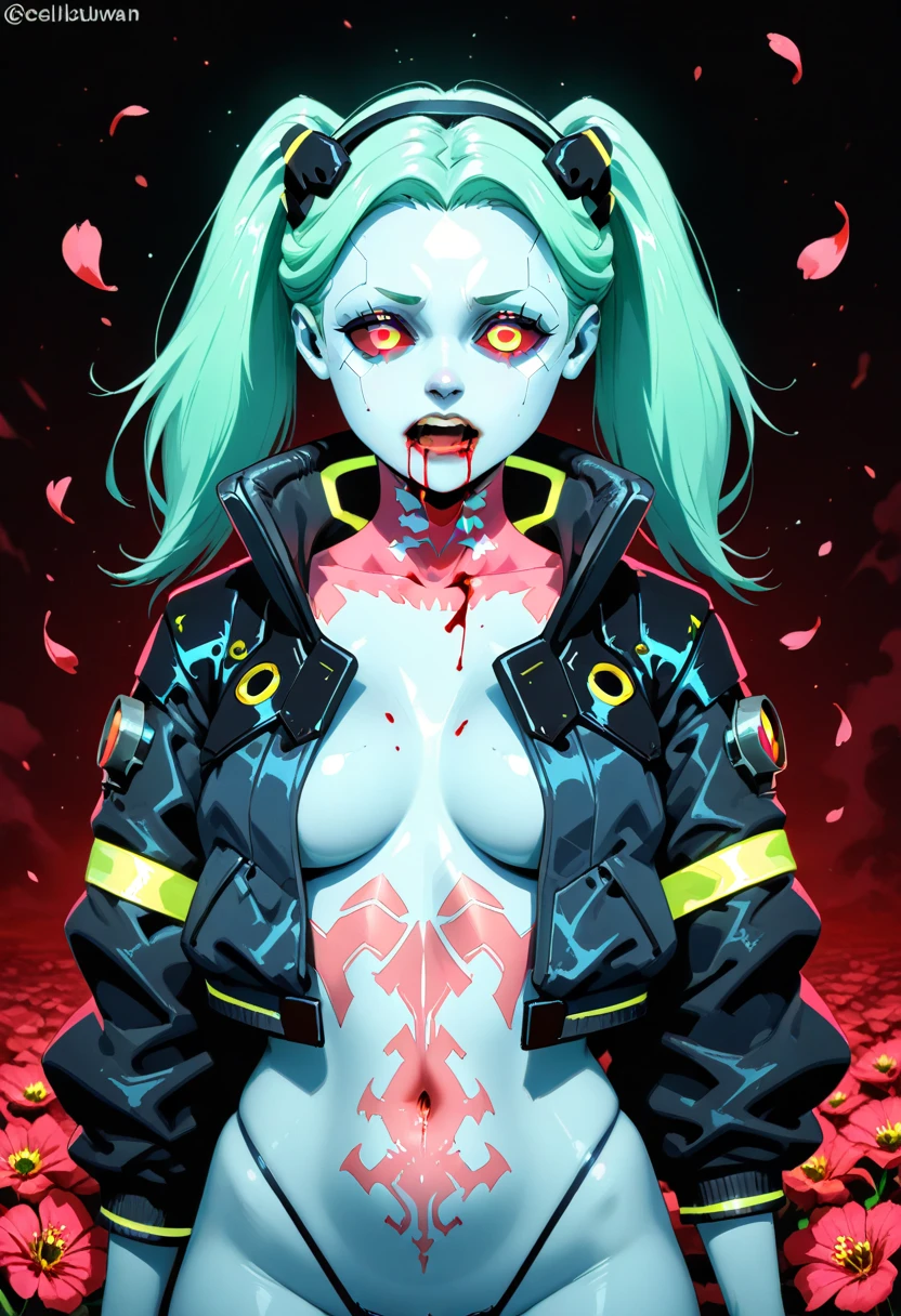 1girl, redhead hair, girl, mature woman, micro highleg highneck swinsuit, small breast, futuristic cyberpunk, bionic joints, (twin tail, hairband, mechanical eye, colored sclera, red sclera, long hair, green pupils, fang, red eyes, black croped jacket ) 2d, colorful manga detailed illustration, cinematic, ultra highly detailed, beautiful details, vivid, saturated colors, filigree detailed, tiny details, pop surrealism, cowboy shot