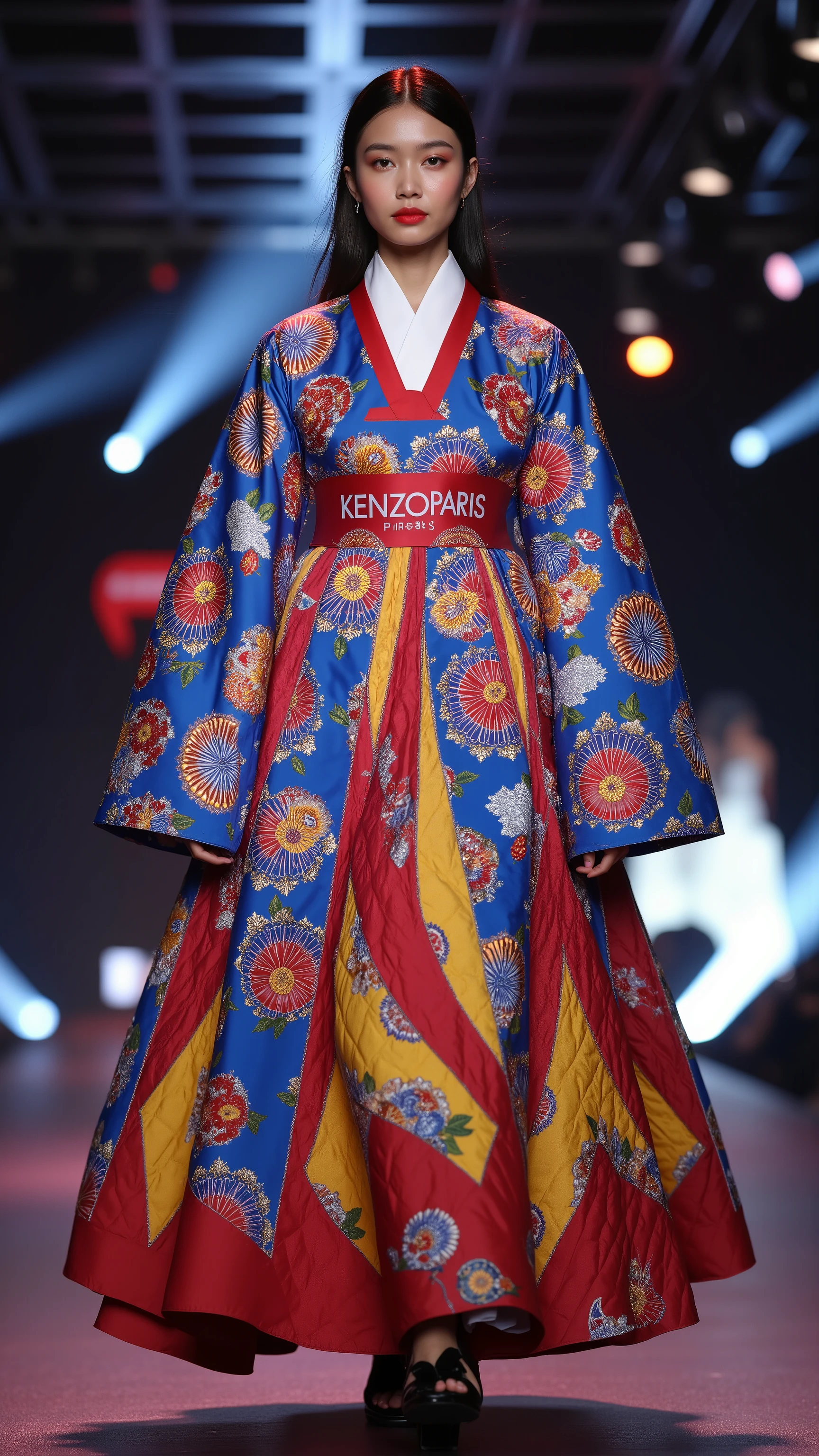 araffe wearing a blue coat and a red and white polka dot dress, inspired by Sadao Watanabe, ji-min, haute couture fashion, runway photo, korean, runway, editorial image, inspired by Liu Haisu, modern maximalist fashion dress, red and blue garments, graphic detail, inspired by Watanabe Kazan, taejune kim, cape