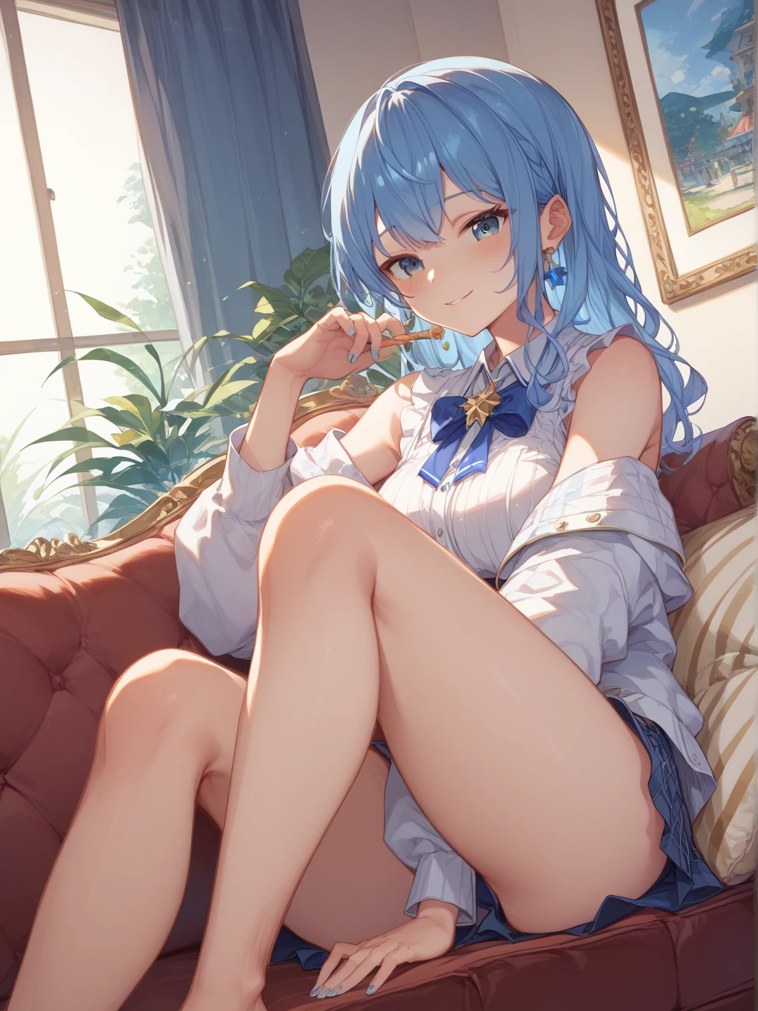 Anime Moe Art Style,highest quality,High resolution,Anatomically correct,One Girl,Mid-teens,A girl with light blue hair in a ponytail,Super detailed,Fantasy-style world,off shoulder tops,mini skirt,barefoot,Big Breasts,smile,Bright smile,A rich expression,Sitting on a large sofa with both knees raised,Spreading the Bible,Eyes drawn in detail,hair ornaments,necklace,bracelet,ring,8K
