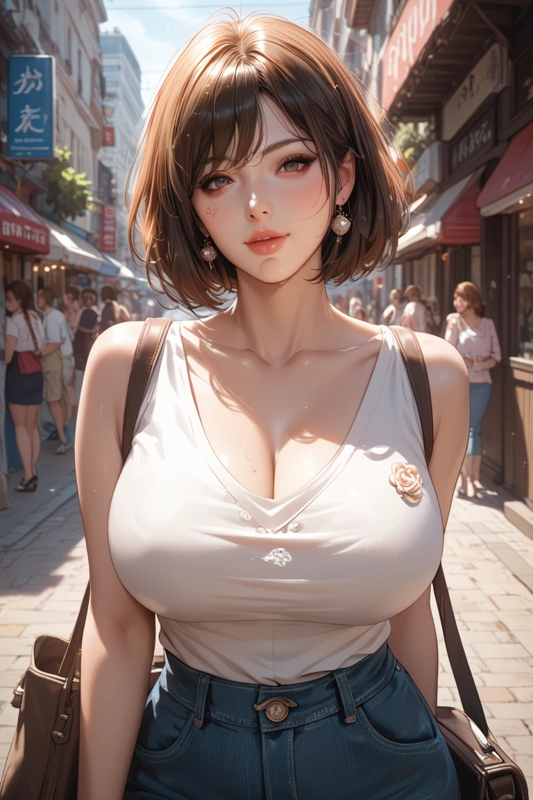 girl in summer clothes, white blouse and jeans, squatting on the ground, black pantyhose, making as if she wants to kiss you, view from the viewer, short hair, medium breasts, cleavage, cityscape, flirtatious look, ((very detailed)), (perfectly detailed face), (well detailed hand) photorealistic image.