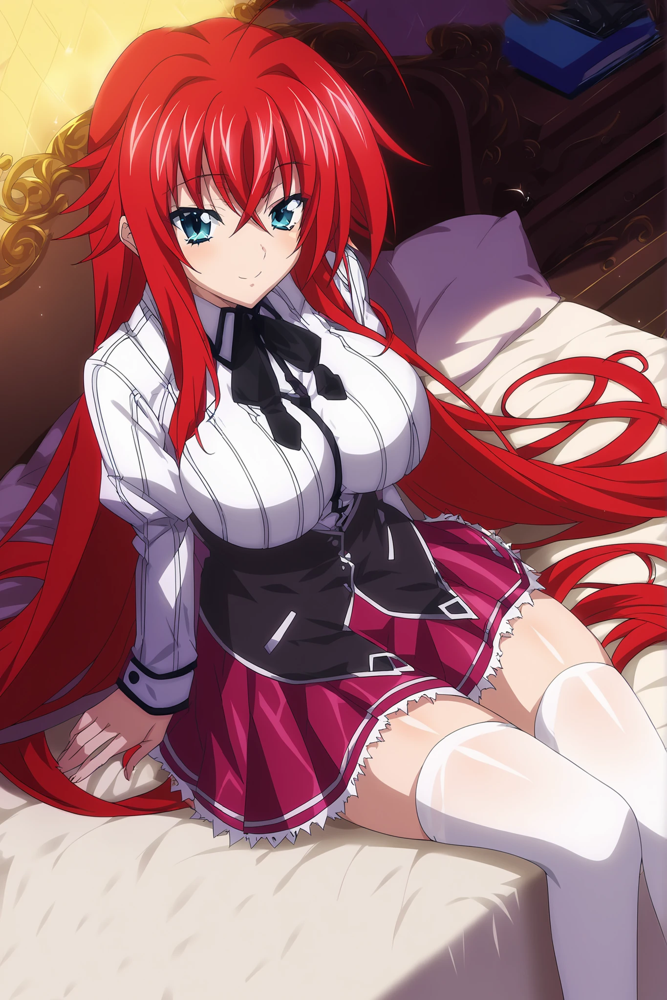 score_9, score_8_up, score_7_up, Anime source , perfect lighting, very aesthetic, REST, anime screencap, colored anime, ri4as-dxd , a chic, red hair, Huge Ahoge ,very long hair, blue eyes,deep ocean blue eyes, cross bangs,large voluptuous breasts, shirt, skirt,, tall white stockings, forbidden zone , puffed sleeves, dxd-uniform, indoor, bedroom, sitting on the bed, vista frontal, Dutch angle
