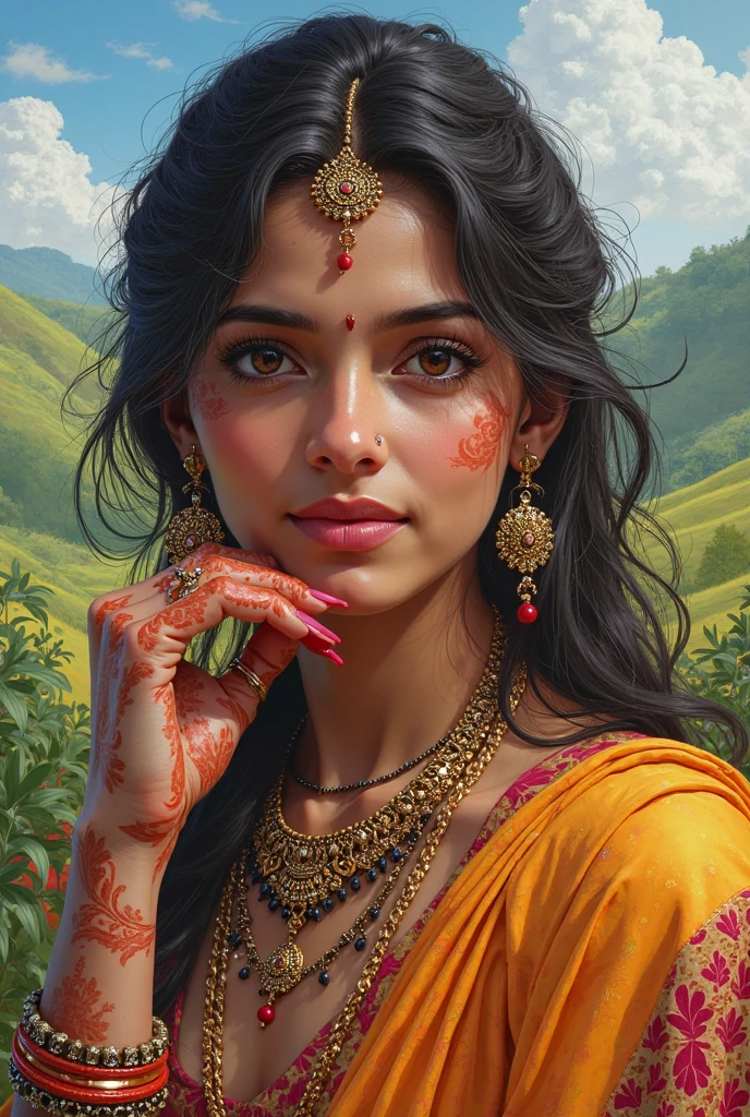 Btflindngds, a sexy Indian girl, brown eyes, bindi, full-body shot, photorealistic painting by artgerm and greg rutkowski, realistic, portrait, (samikshavad:0.3), (cinematic:0.4) lighting