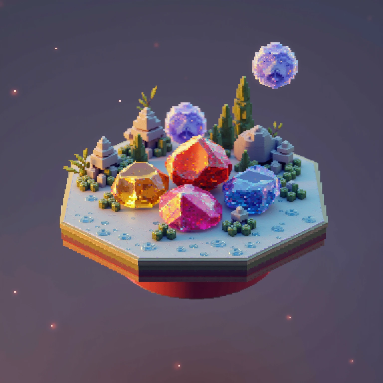 Octane Render {x} Flat World Filled with Gems, planet, Octagon Render, Surreal Best Quality,4K,ultra-detailed,realistic,photo-realistic,HDR,studio lighting,physically-based rendering,vivid colors,Crimson Ruby,Jasper ,is shaped like a golden amber,Blue Sapphire,Silver Diamond,Flat Terrain,浮遊するplanet,Octagon Render,surreal,Whimsical,fantasy