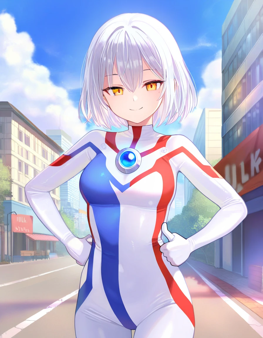 extremely detailed CG unreal engine 8k, best quality, (detailed fingers, detailed hands, detailed face), all intricate, 1girl, beautiful detailed girl, (ultragirl :1.0), ultraman bodysuit, leotard, bare legs, knee boots, upper body, smile, thumbs up, stylish posing, hand on hip, standing, detailed buildings behind, outside