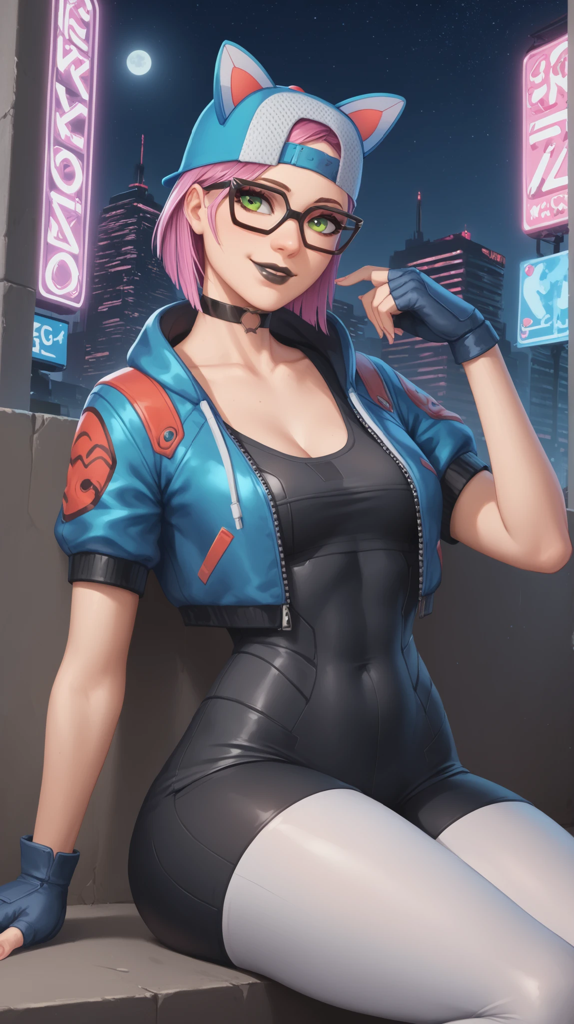 girl (masterpiece)choker,black lips,mischievous smile,beautiful bright green eyes, cap, cat ears,fingerless gloves,evening (only)loose V-neck gray T-shirt, blue short jacket,black shorts with white leggings,tight spandex shorts,video games, exterior of an cyberpunk city, buildings with neon lights everywhere,moon light,stars,beautiful green eyes,short pink hair,glasses,thick thighs,sitting on the wall
