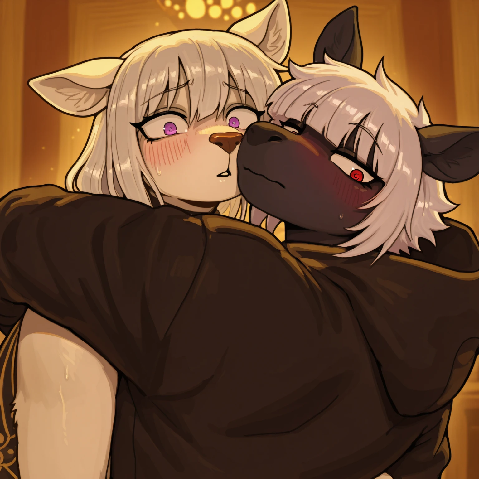 _tuft, (vertical view:1.5), (huge_nipples:1.3), assisted exposure, explict content, uploaded on e621, (extremely detailed:1.3), 2 girls, (duo focus:1.2), (kissing:1.3), (breasts frottage:1.5), (furry body), (female:1.5), (a lot of fur), (unknown animal), (unknown species), (random mammal:1.7), (emotional:1.4), (leaning against object:1.4), breast squish, hand holding, (bottomless:1.6), (overflowing cleavage), (black nipple), (nipple outline:1.4), (nipple slip:1.5), (partially clothed:1.6), (inneffective clothing:1.6), (causal exposure:1.6), (fur:1.7), sunset clouds, starry sky, wonderful dress, sparkles, saliva, teeth, open mouth, hug tightly 🫂, Masterpiece, best quality, detailed lighting, detailed body, detailed fur, detailed, panties, high stockings,