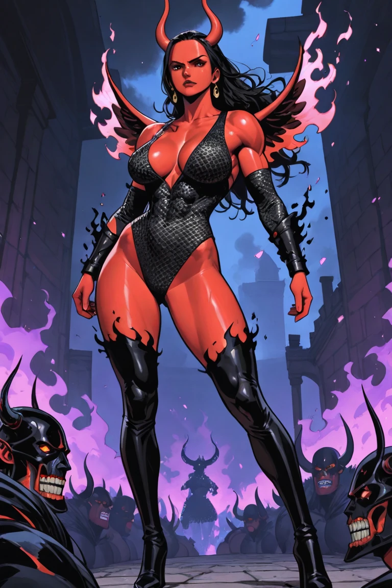Red skin succubus tiefling, medium breasts, black horns, wings, huge tail, black leather, tall, athletic, graceful, thin, long black ponytail. Glamour shot. Dark romantic scene, night sky.