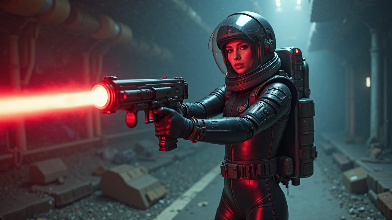 A female warrior, in a space scenery, wearing (a super tight red and black space bodysuit), (legs spread), tactical gears, loaded with heavy guns. Full body. Perfect body, perfect hair, perky tits. UHD, accurate, anatomically correct, textured skin, super detail, high details, high quality, award winning, best quality, sunset light. 