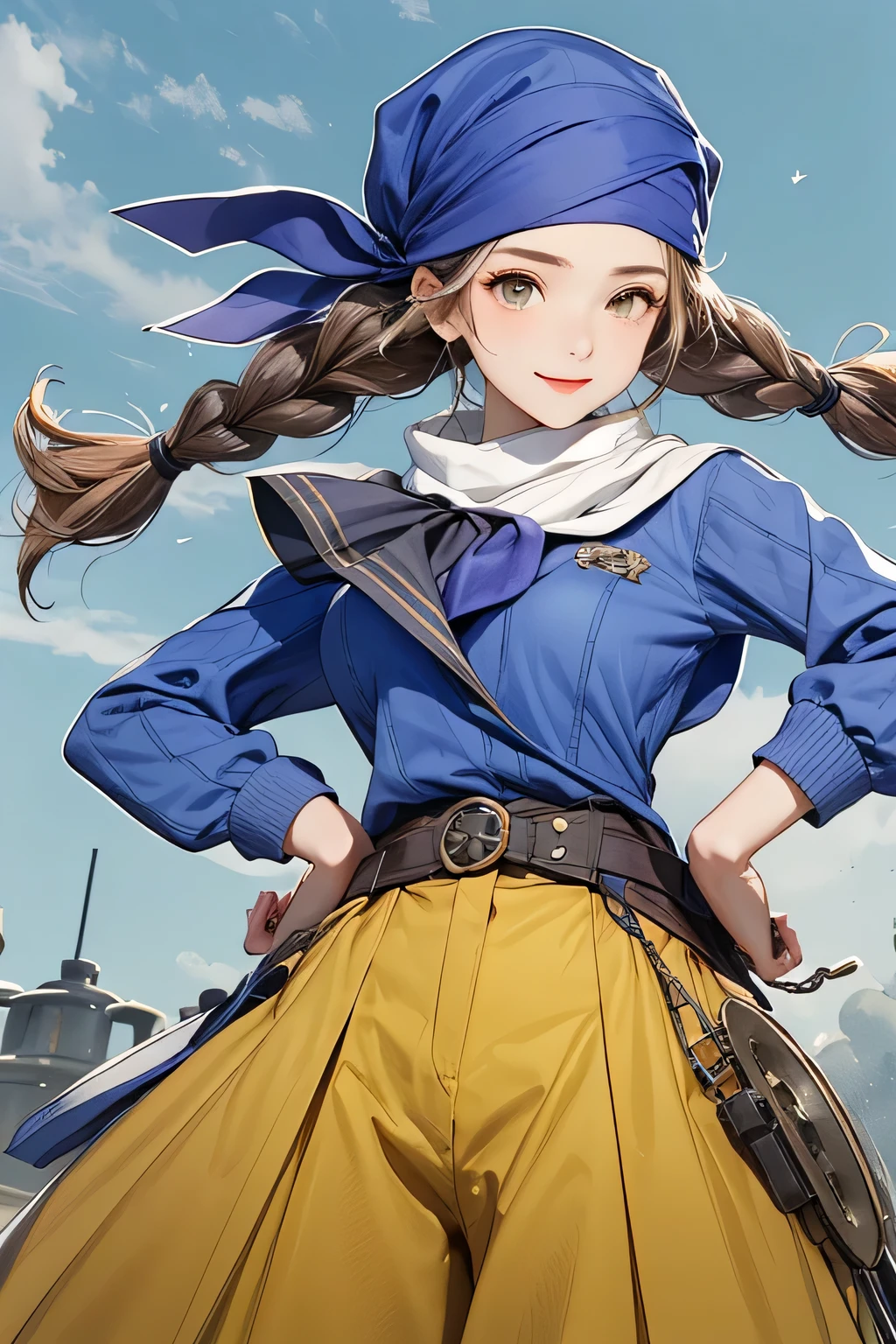 A confident young woman pirate, two thick reddish braids, blue pullover and bandana, red puffy long-skirts, saber sheathed on her back, big breast covered by cloth, looking at viewer with subtle smug, standing with both hands on her hip, confident stance, confident expression, Ghibli style, on the airship, steampunk machinery, bright blue sky, scattered white clouds, sunlight, vibrant daylight, clear atmosphere, soft shadows, vivid colors