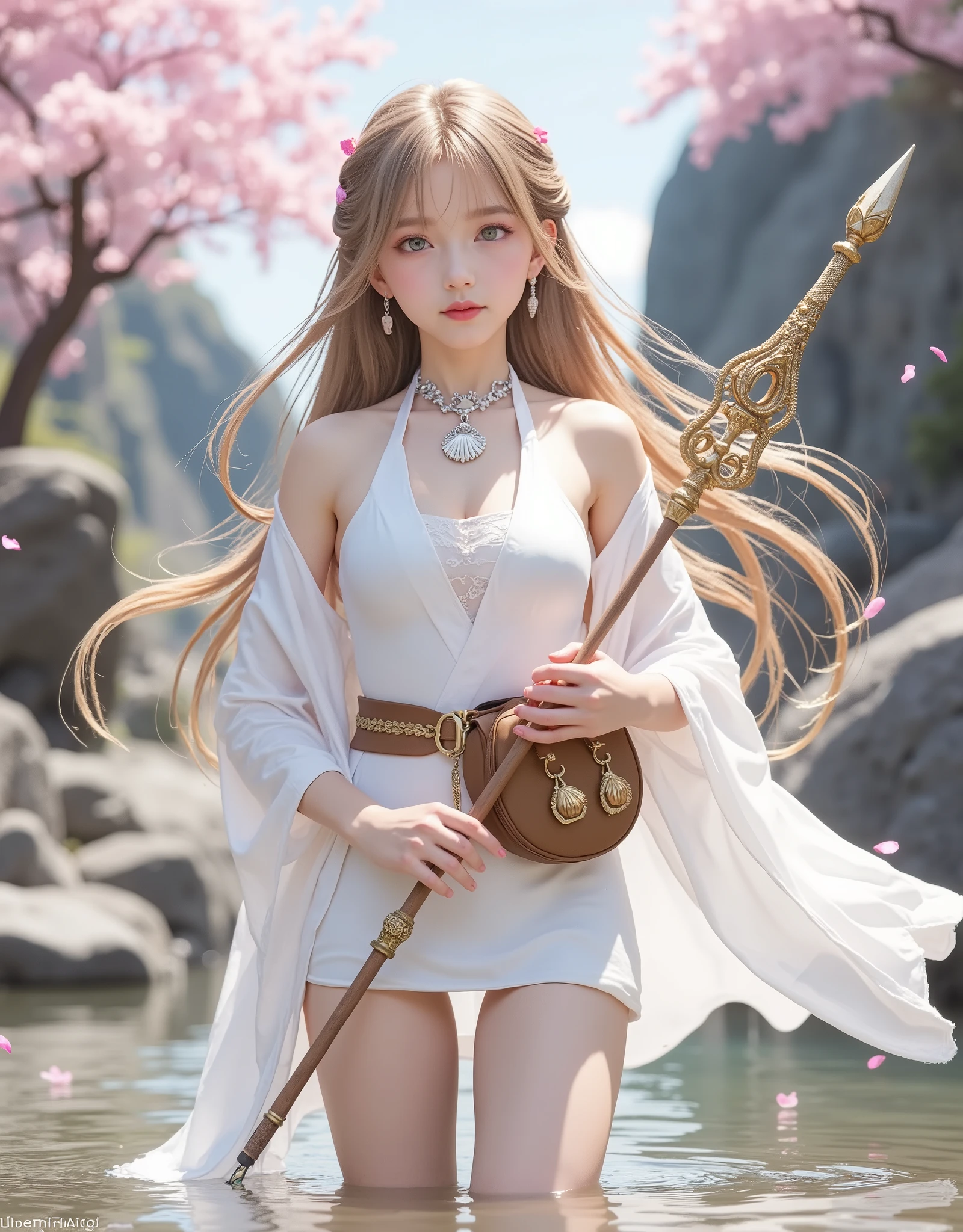 (UHD, retina, accurate, anatomically correct, masterpiece, super detail, best quality, 8k, super detail, extremely precise in every detail, beautiful detailed glow, beautiful attention to detail, beautiful detailed eyes), a young girl standing in a rocky shallow, (wears a plain white Halter-neck leotard:1.2), (wears a thin short white Kimono dress outside the swimsuit:1.2), holds a long Trident in her right hand, (very long straight light-brown hair:1.2), beautiful light green eyes, shorty, (flat chest like a boy), slender body, porcelain skin, wears a silver necklace with a sea-shell pendant drop, wears a brown belt bag, Cherry blossom petal storm, clear spring day, frame from her knees to her parietal